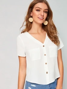 SHEIN Button Front Pocket Patched Top - White - View 2