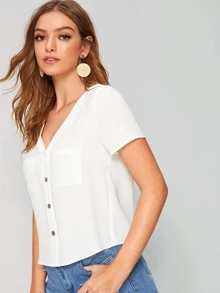 SHEIN Button Front Pocket Patched Top - White - View 4