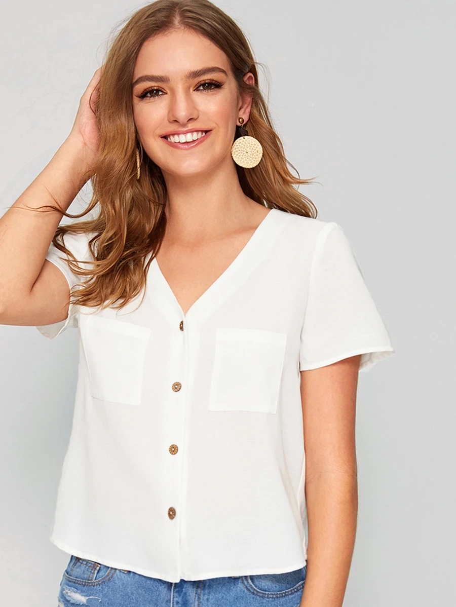 SHEIN Button Front Pocket Patched Top - White - View 1