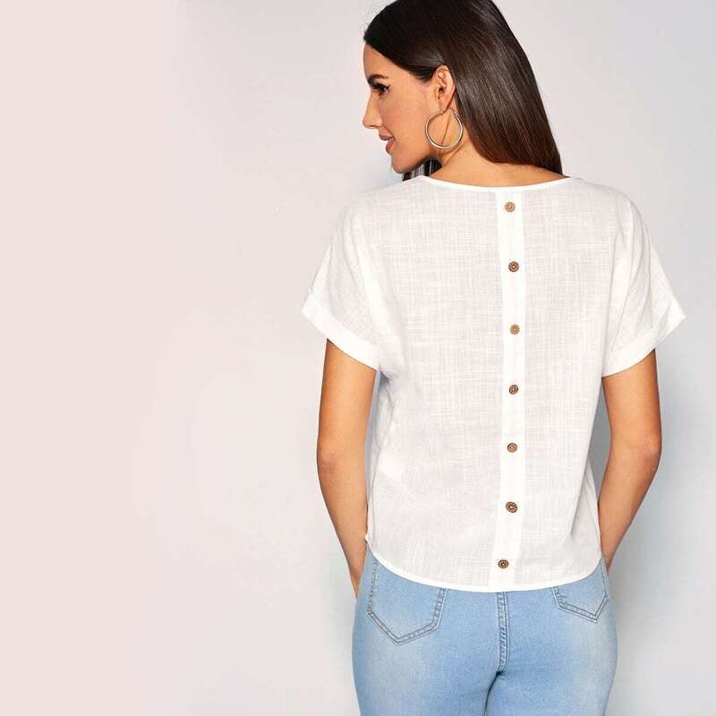 

Pocket Patched Rolled Cuff Button Back Top, White