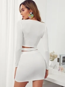 SHEIN 雞心領交叉圍裹式上衣和包臀半身裙套裝 - 白色 - 查看 2