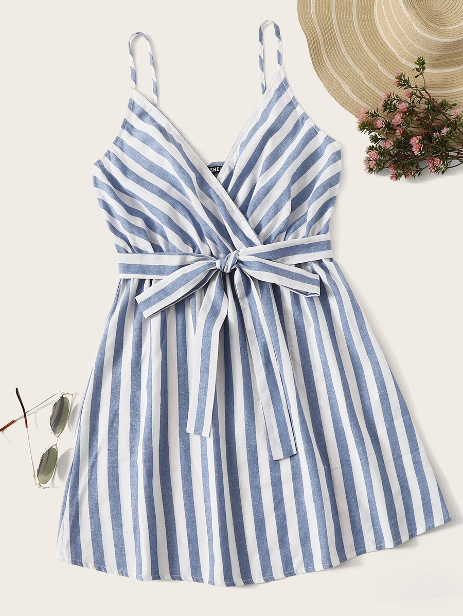 SHEIN WYWH Striped Belted Cami Mini Dress - Blue and White - View 1