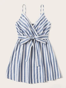SHEIN WYWH Striped Belted Cami Mini Dress - Blue and White - View 3