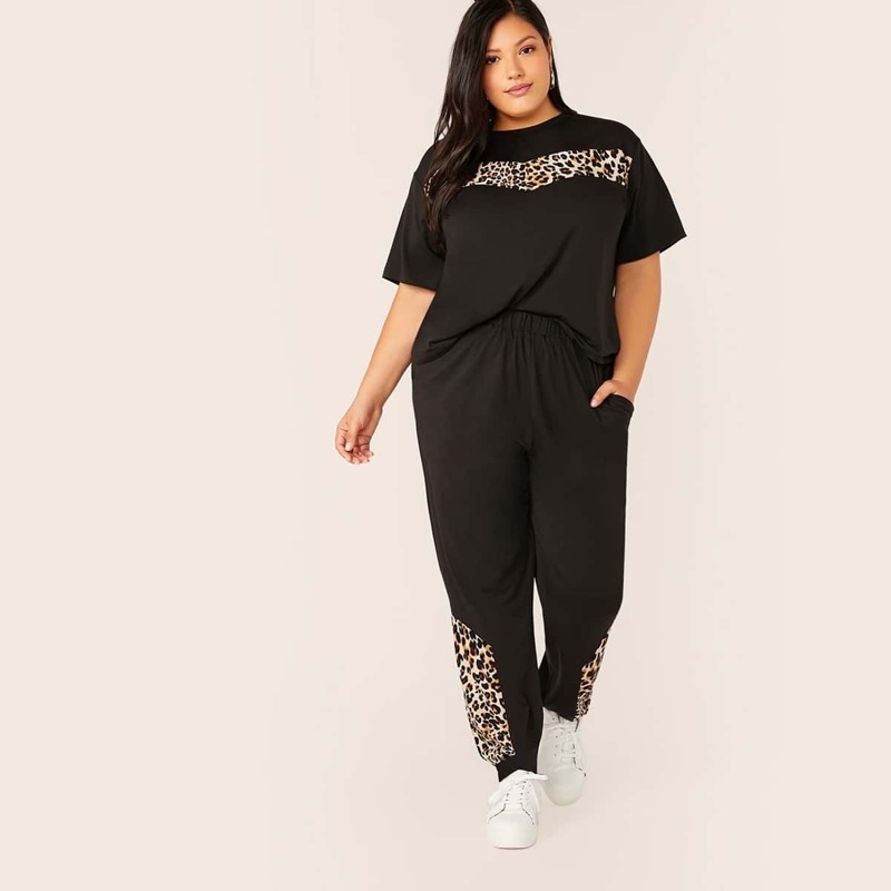 

Plus Leopard Print Tee & Slant Pocket Pants Set, Black