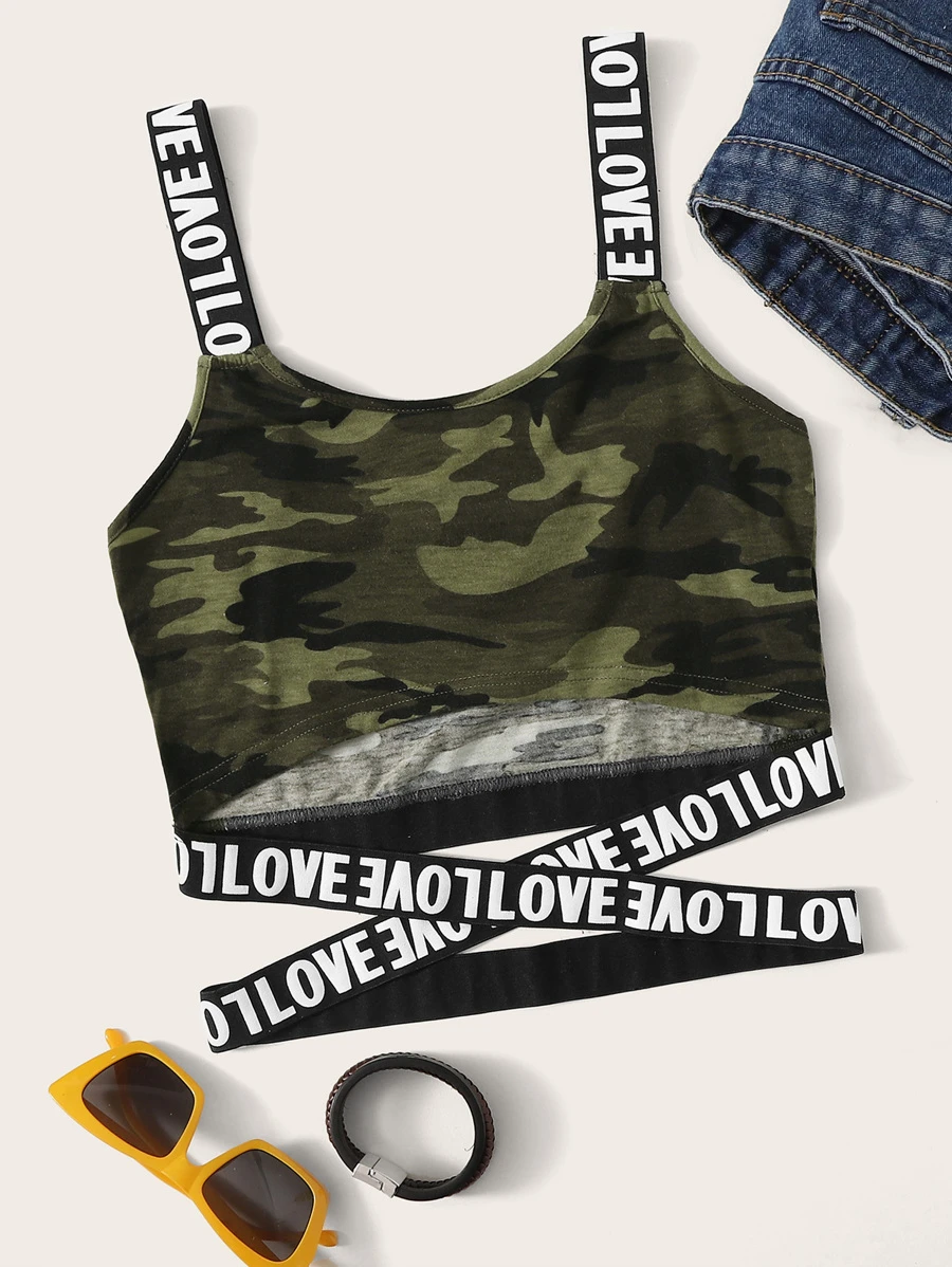 Mulvari Love Graphic Camo Print Crop Top