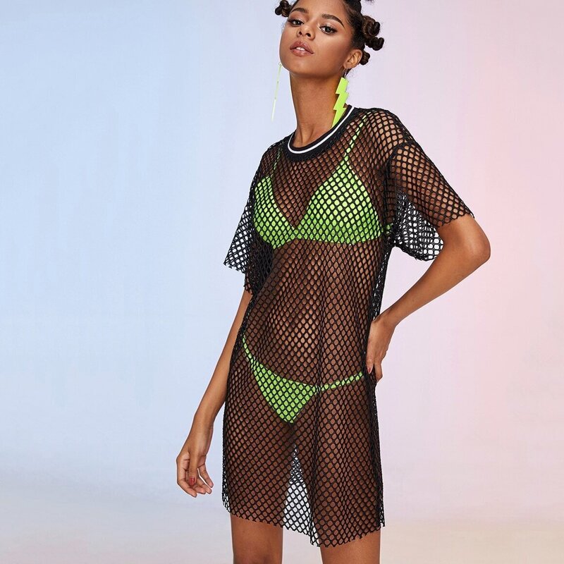 

Mesh Drop Shoulder Sheer Dress Without Bra, Black