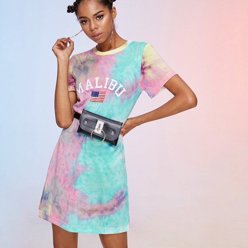 

American Flag Print Tie Dye T-shirt Dress, Multicolor