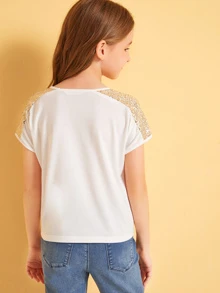 SHEIN Girls Contrast Sequin Pocket Patched Tee - White - View 2