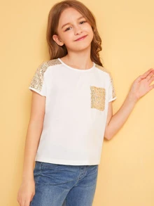 SHEIN Girls Contrast Sequin Pocket Patched Tee - White - View 4