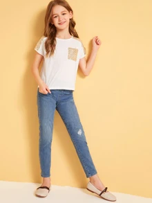 SHEIN Girls Contrast Sequin Pocket Patched Tee - White - View 5