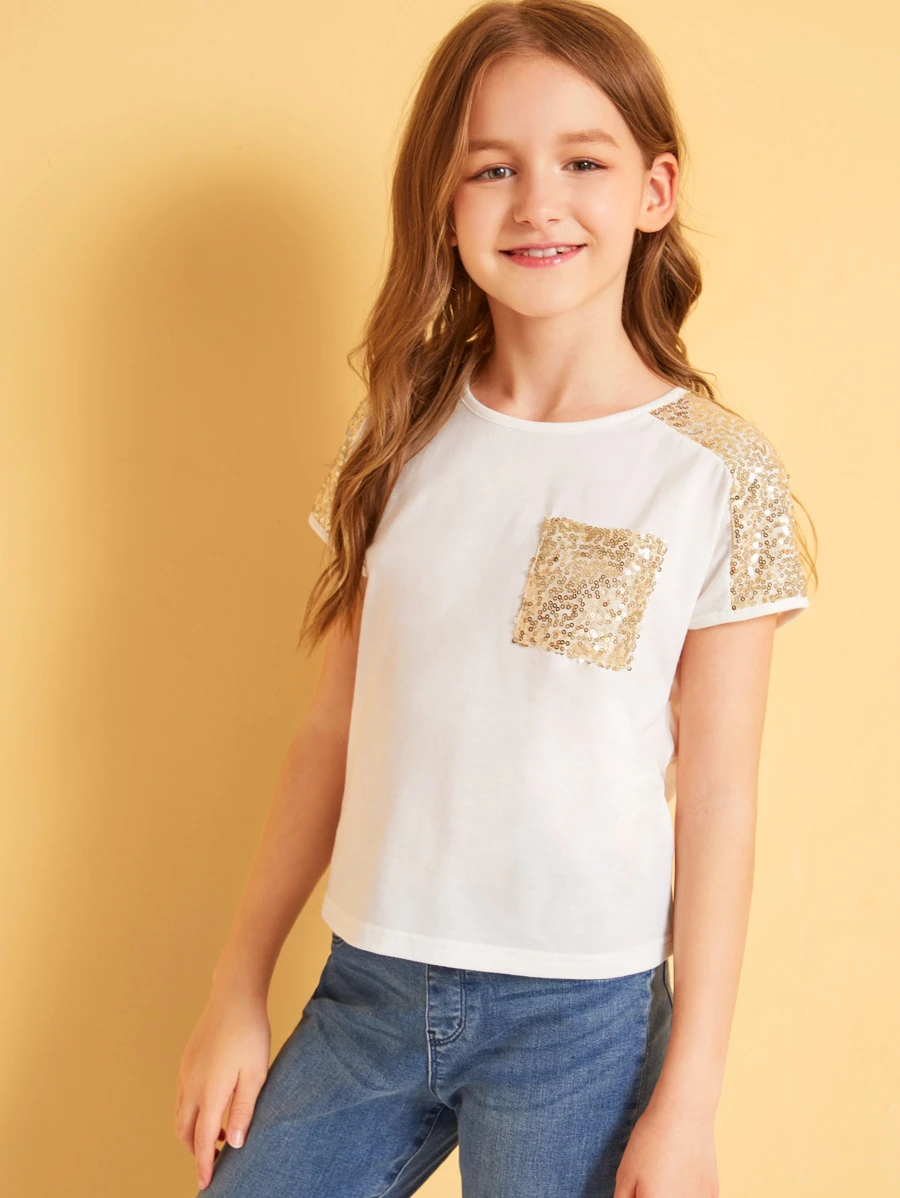 SHEIN Girls Contrast Sequin Pocket Patched Tee - White - View 1