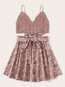 SHEIN VCAY 後繫帶鉤織吊帶上衣和高腰褶皺半身裙套裝 - 藕粉色 - 查看 3