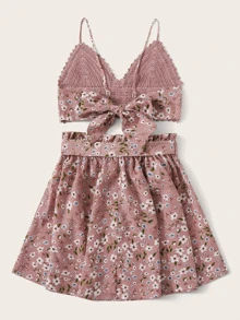 SHEIN VCAY 後繫帶鉤織吊帶上衣和高腰褶皺半身裙套裝 - 藕粉色 - 查看 2