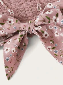 SHEIN VCAY 後繫帶鉤織吊帶上衣和高腰褶皺半身裙套裝 - 藕粉色 - 查看 5