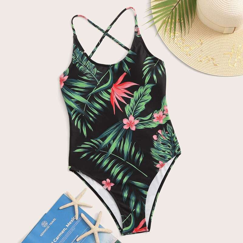

Tropical Lace Up One Piece Swimwear, Multicolor