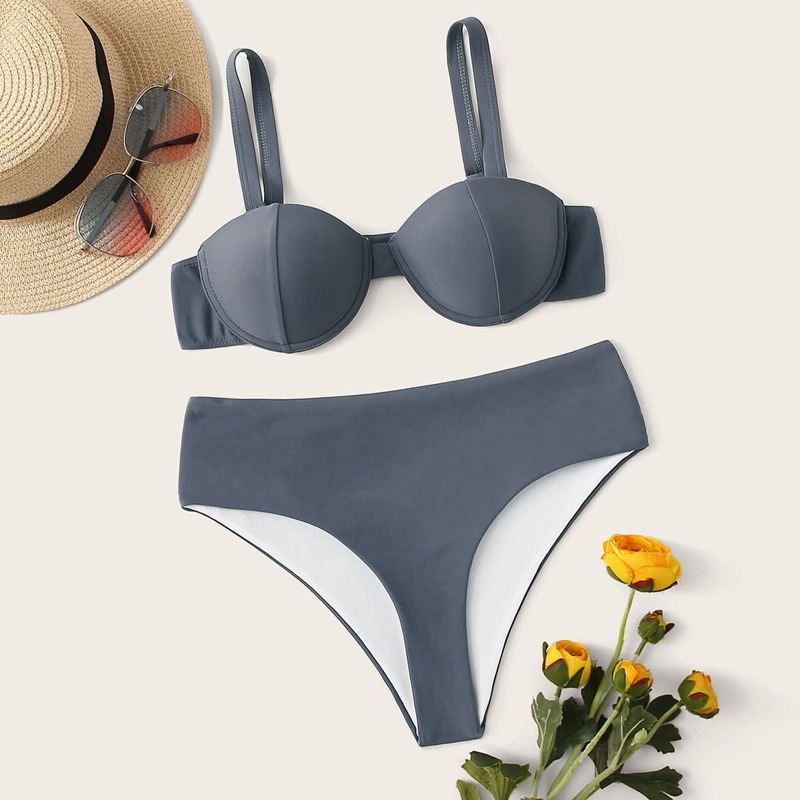 

Push Up Top With High Waist Bikini Set, Grey