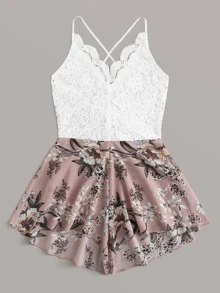 蕾絲拼接花卉吊帶連身短褲 - 彩色 - 查看 4