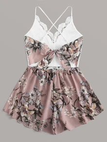 蕾絲拼接花卉吊帶連身短褲 - 彩色 - 查看 2