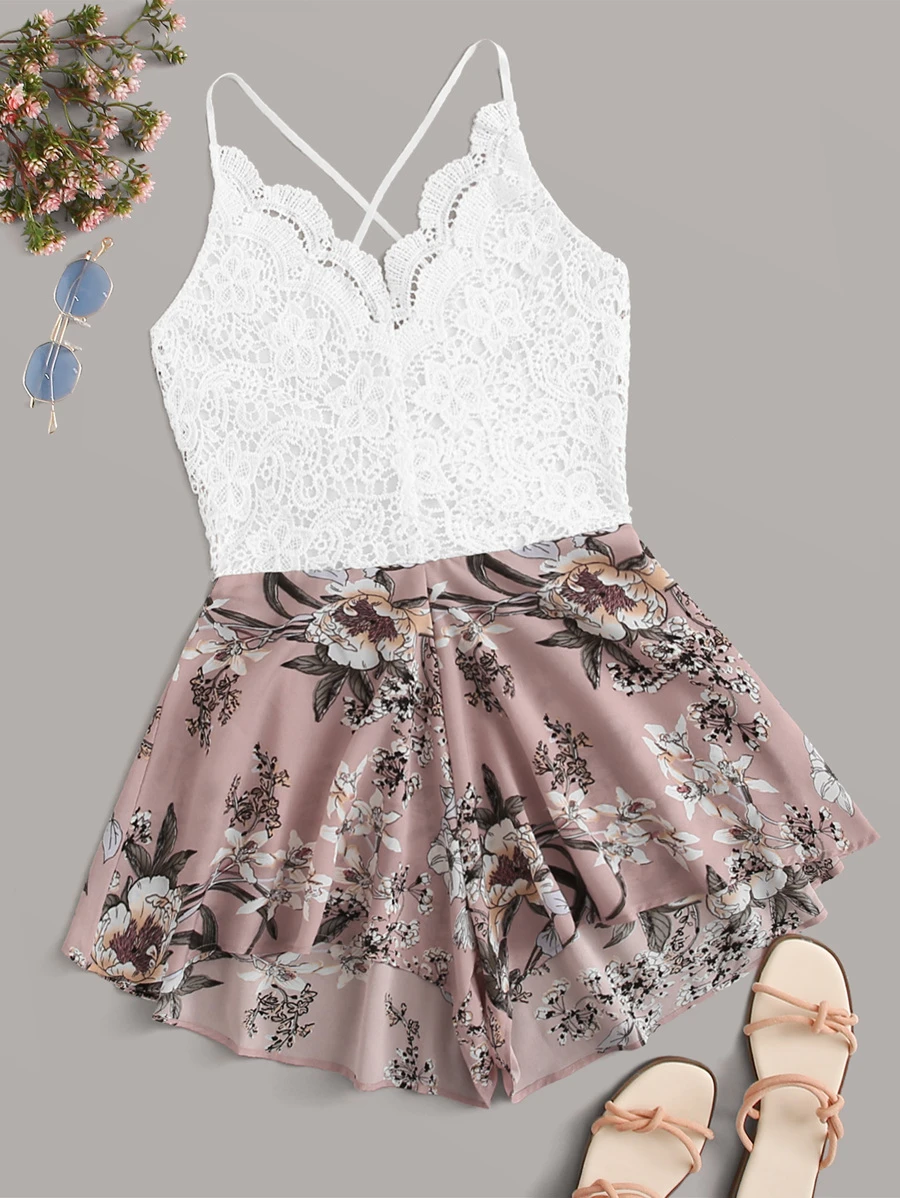 蕾絲拼接花卉吊帶連身短褲 - 彩色 - 查看 1
