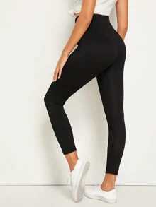 Leggings unicolor de cintura con cordón - Negro - Ver 2