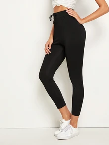 Leggings unicolor de cintura con cordón - Negro - Ver 5