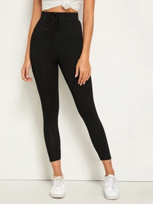 Leggings unicolor de cintura con cordón - Negro - Ver 1