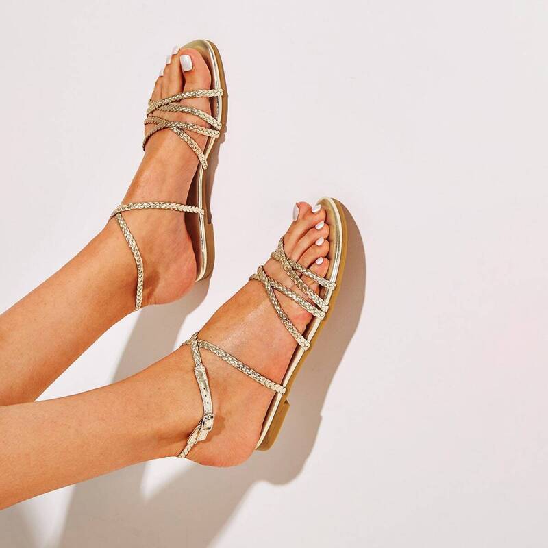 

Braided Detail Buckle Strap Sandals, Gold