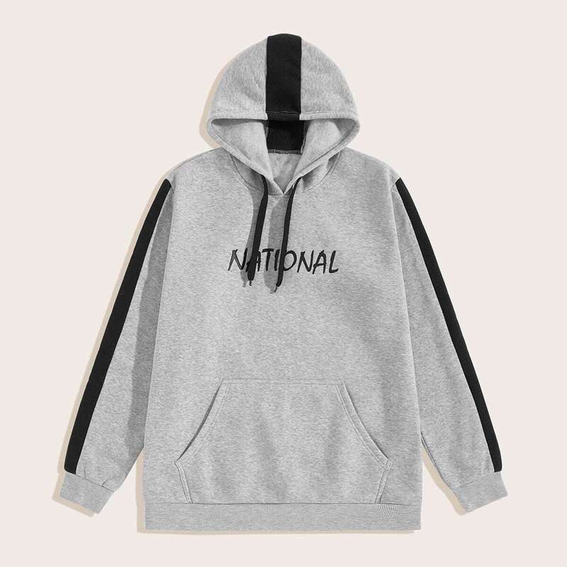 

Guys Letter Print Contrast Panel Hoodie, Grey