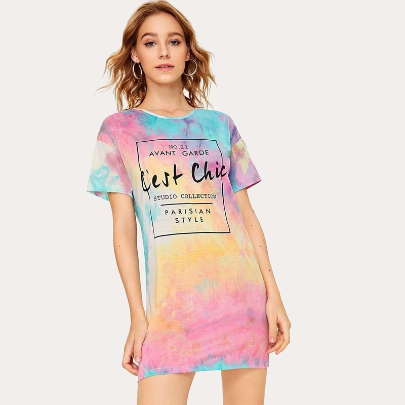 

Letter Print Tie Dye T-shirt Dress, Multicolor