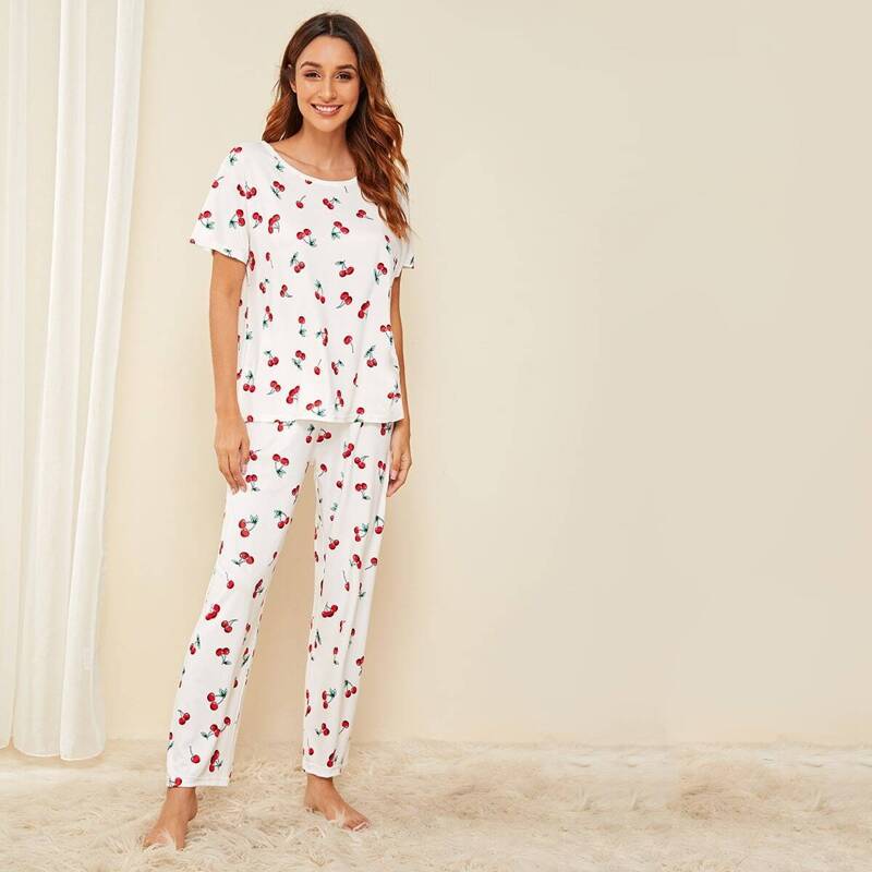 

Cherry Print Top & Pants PJ Set, White