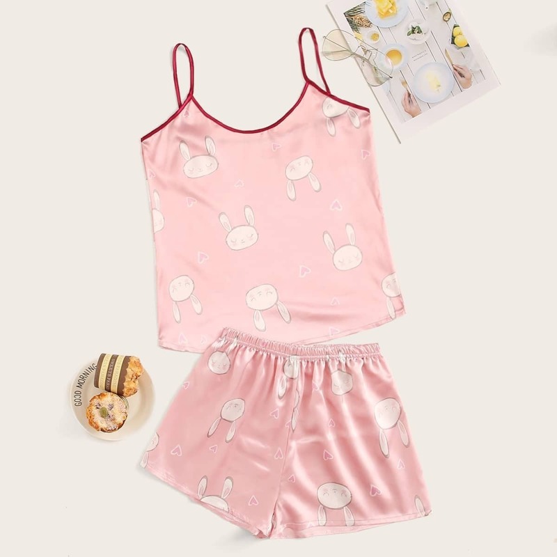 

Rabbit Print Satin Cami PJ Set, Pink