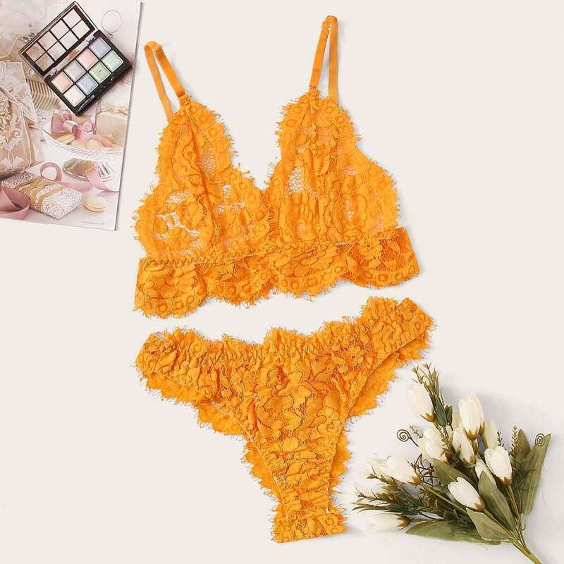 

Eyelash Floral Lace Lingerie Set, Yellow