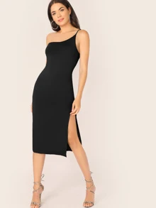 SHEIN BAE One Shoulder Split Thigh Form Fitted Dress - Black - View 1