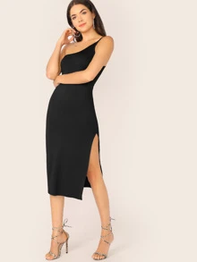 SHEIN BAE One Shoulder Split Thigh Form Fitted Dress - Black - View 5