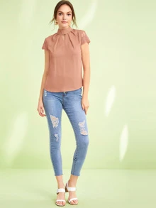 SHEIN Privé 刺繡網紗袖前鎖孔上衣 - 藕粉色 - 查看 3