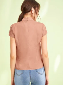 SHEIN Privé 刺繡網紗袖前鎖孔上衣 - 藕粉色 - 查看 2