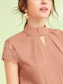 SHEIN Privé 刺繡網紗袖前鎖孔上衣 - 藕粉色 - 查看 5