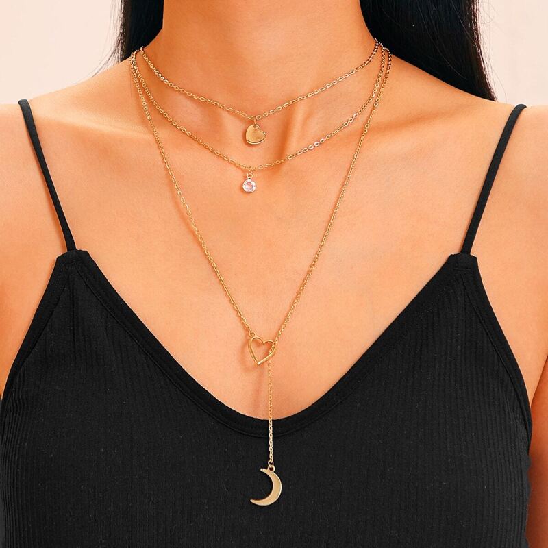 

Heart & Moon Charm Layered Chain Necklace 1pc, Gold