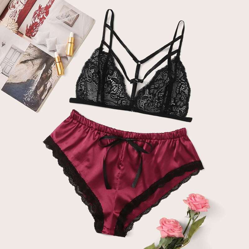 

Floral Lace Harness Bralette With Satin Shorts, Multicolor