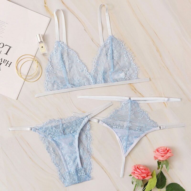 

Floral Lace Sheer Lingerie Set 3pack, Blue
