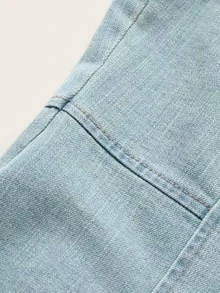Solid Button Front Tube Denim Dress - Blue - View 5