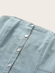 Solid Button Front Tube Denim Dress - Blue - View 3