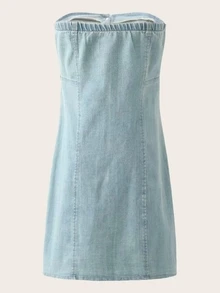 Solid Button Front Tube Denim Dress - Blue - View 2