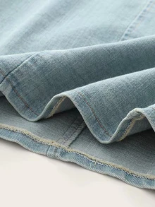 Solid Button Front Tube Denim Dress - Blue - View 6