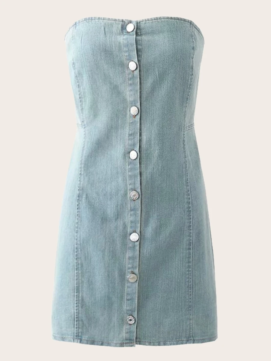 Solid Button Front Tube Denim Dress - Blue - View 1