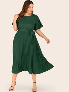 Plus Button Keyhole Pleated Hem Belted Dress - Dark Green - View 1