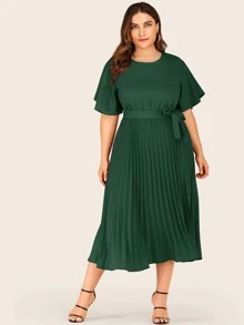 Plus Button Keyhole Pleated Hem Belted Dress - Dark Green - View 4