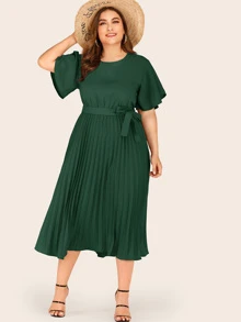 Plus Button Keyhole Pleated Hem Belted Dress - Dark Green - View 5