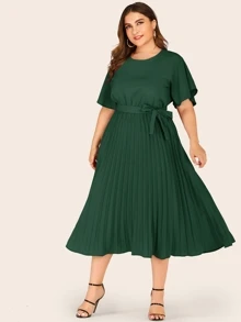 Plus Button Keyhole Pleated Hem Belted Dress - Dark Green - View 3