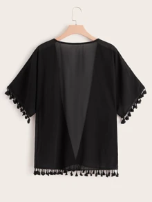 SHEIN Swim Curve Kimono unicolor ribete con fleco - grande - Negro - Ver 2